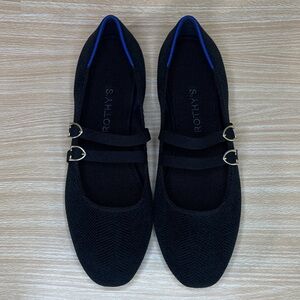Rothy's Black Mary Jane Flats with Blue Trim and Gold Buckles